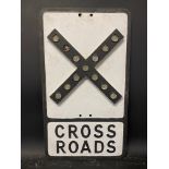 A metal road sign for Cross Roads with integral glass reflectrs, by Gowshall Ltd, 12 x 21".