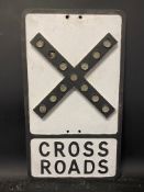 A metal road sign for Cross Roads with integral glass reflectrs, by Gowshall Ltd, 12 x 21