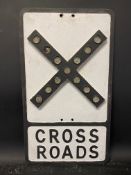 A metal road sign for Cross Roads with integral glass reflectrs, by Gowshall Ltd, 12 x 21".