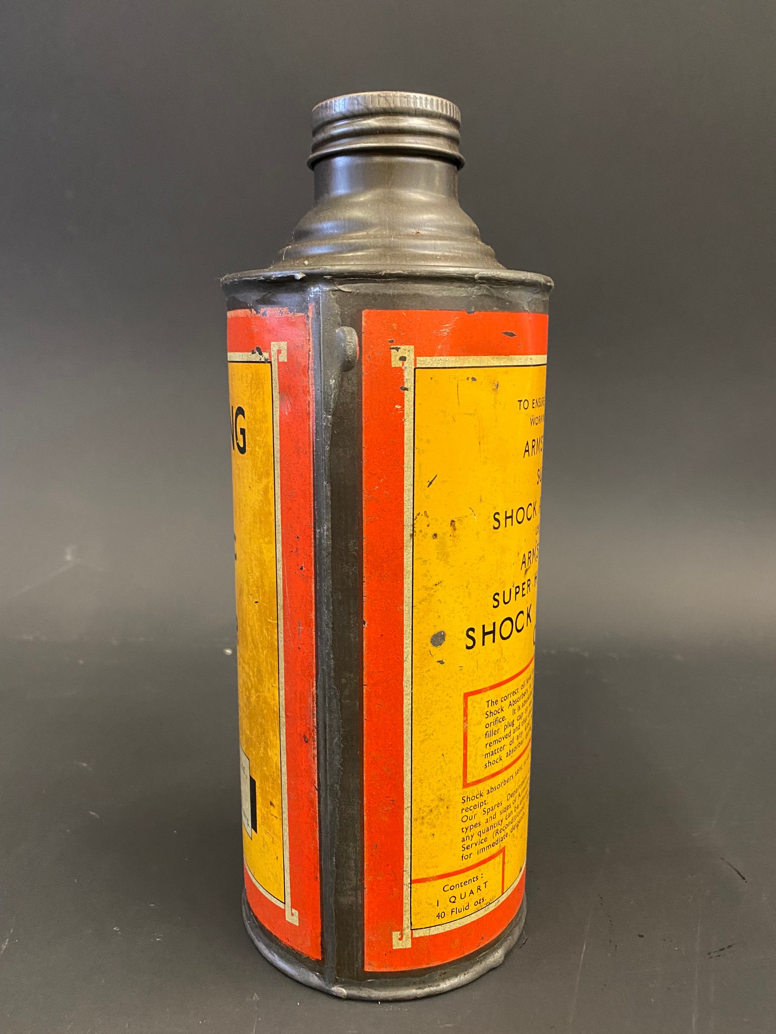 A rare Armstrong Super Hydraulic Shock Absorber Oil cylindrical quart can. - Image 2 of 6