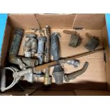 A box of assorted petrol pump fittings, garage airline parts, bulk tank caps etc.