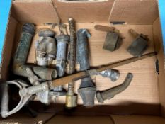 A box of assorted petrol pump fittings, garage airline parts, bulk tank caps etc.