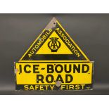 An AA enamel road warning sign for 'Ice-Bound Road', by Franco, 26 x 24".