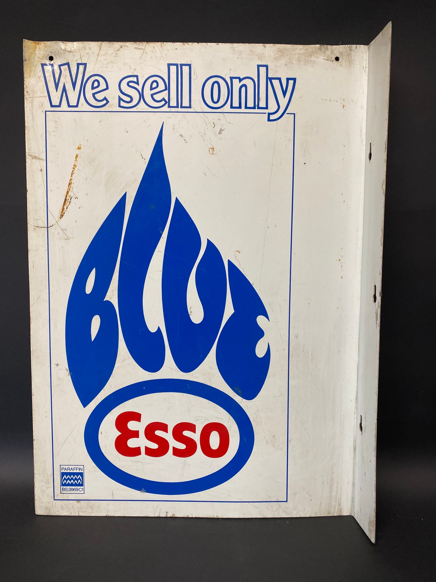 An Esso Blue rectangular double sided advertising sign with hanging flange, 14 x 20".