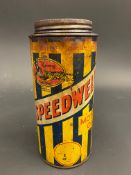 A Speedwell cylindrical quart can, with unusual larger version lid.