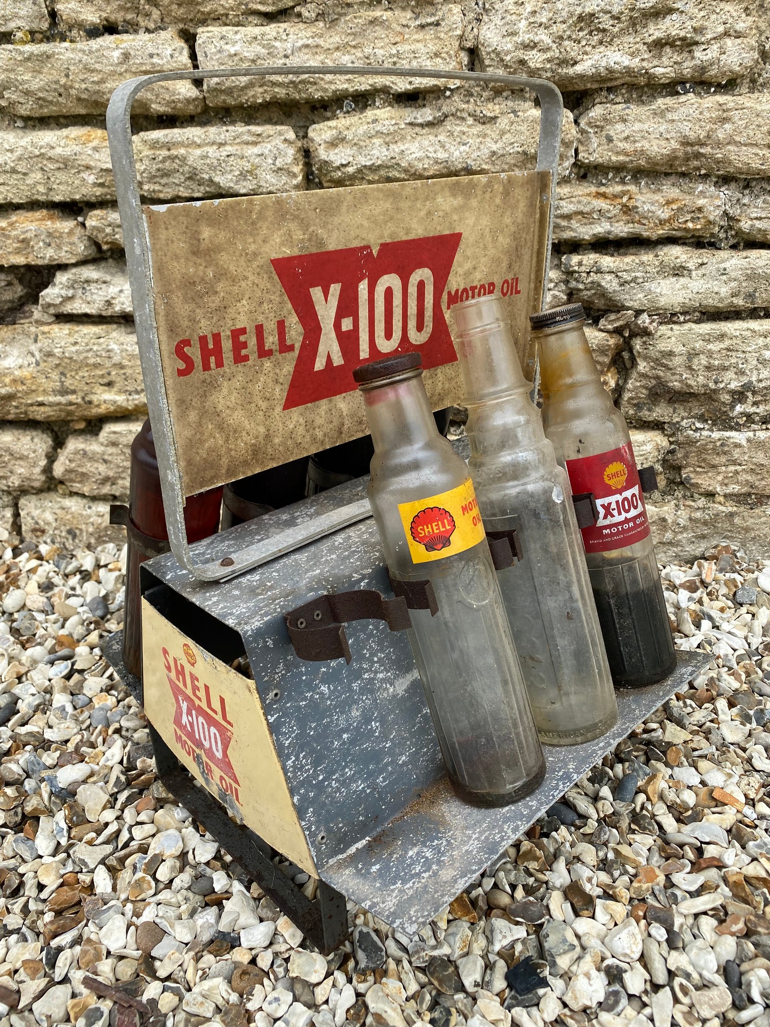 A Shell X-100 Motor Oil double sided oil bottle crate, with five matching Shell pint bottles and two - Image 3 of 4