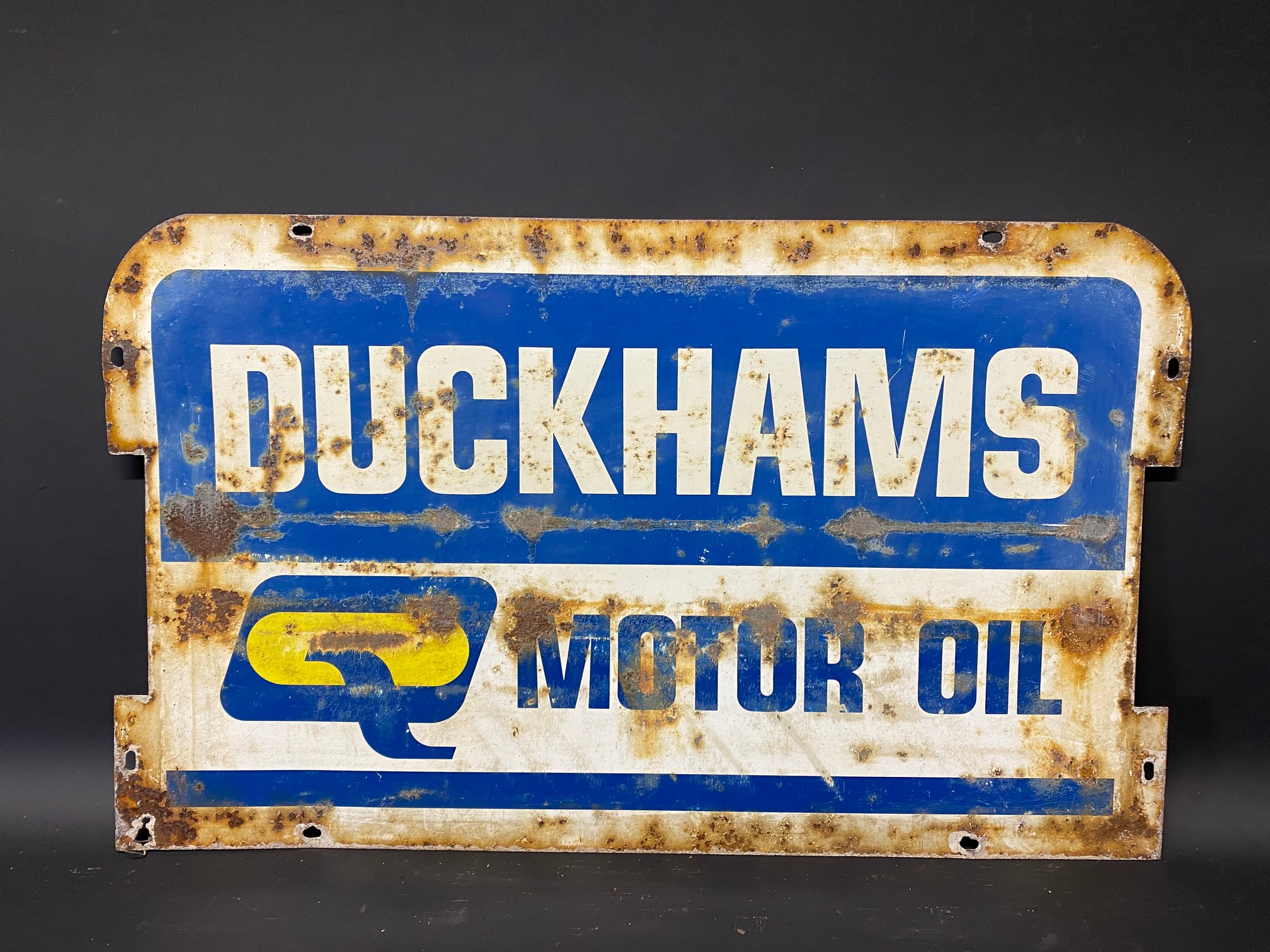 A Duckhams Motor Oil double sided tin garage forecourt rack pediment sign, 23 1/2 x 14 1/4". - Image 2 of 2