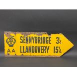 An AA double sided directional enamel sign, pointing towards Sennybridge and Llandovery, 30 x 11".