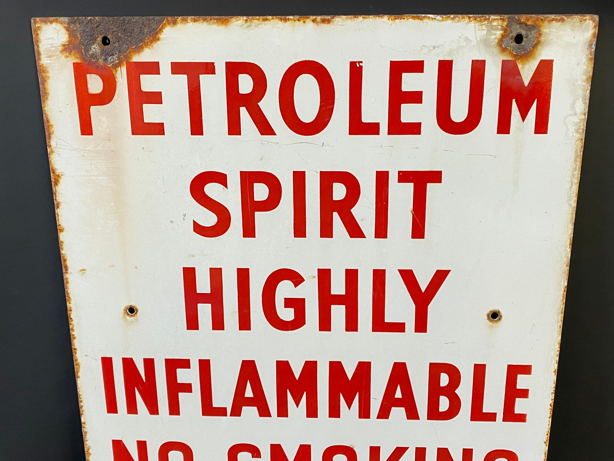 A 'Petroleum Spirit Highly Flammable...' rectangular enamel sign, 15 x 28". - Image 2 of 4