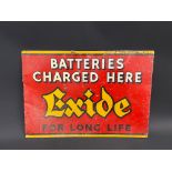 An Exide Batteries Charged Here rectangular tin advertising sign, 24 1/2 x 17".