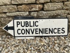 A double sided cast aluminium directional sign for 'Public Conveniences', 35 1/2 x 12".