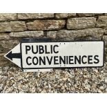 A double sided cast aluminium directional sign for 'Public Conveniences', 35 1/2 x 12".