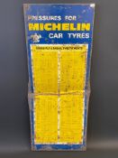 A Michelin Car Tyres tin tyre pressure chart sign, 12 1/4 x 29 1/2".