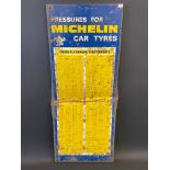 A Michelin Car Tyres tin tyre pressure chart sign, 12 1/4 x 29 1/2".