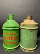 A Wakefield Castrol Motor Oil five gallon conical can plus a Castrol version, both with raised