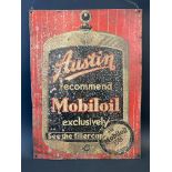 An 'Austin recommend Mobiloil' rectangular tin advertising sign, with radiator image filling the