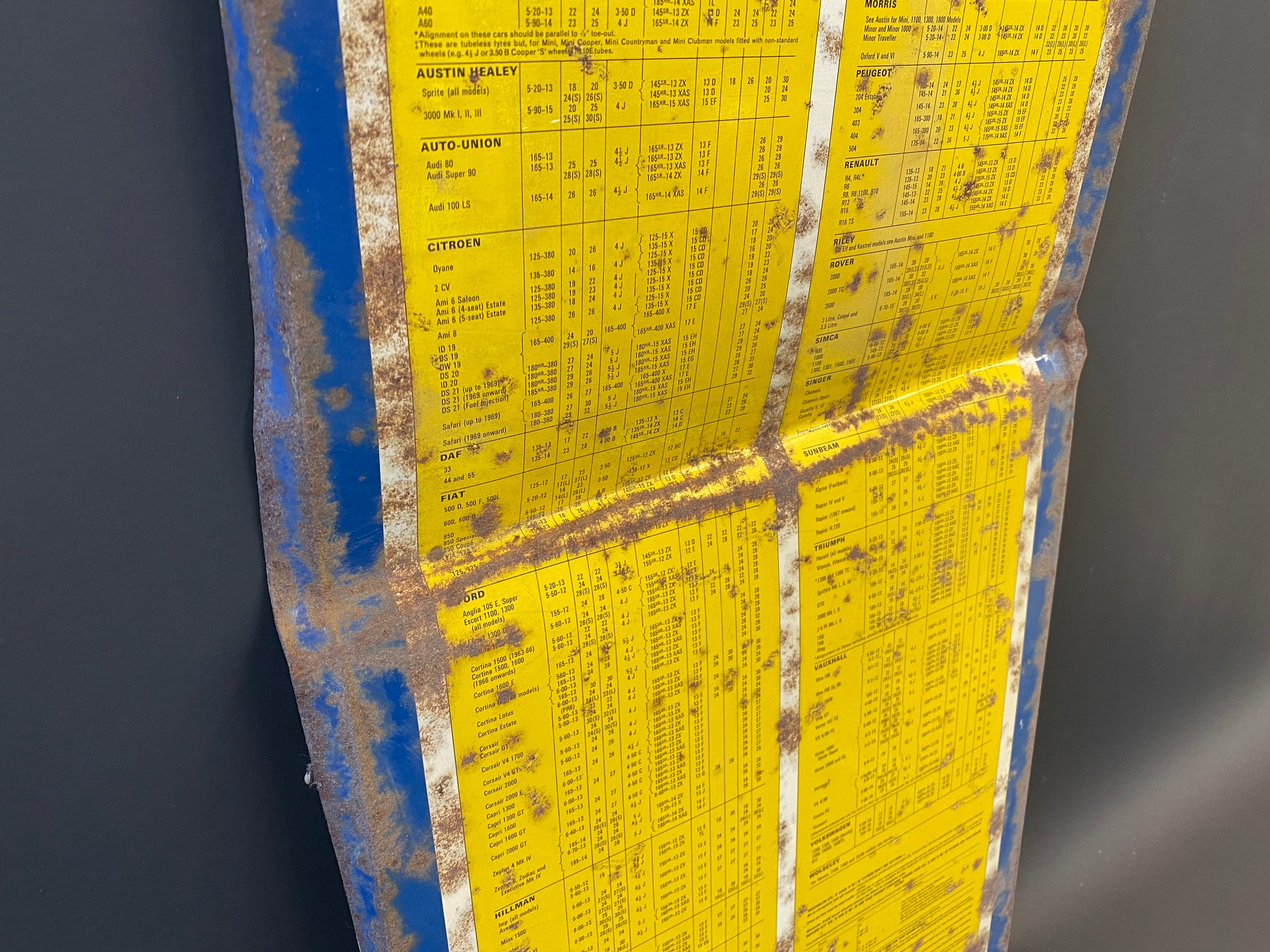 A Michelin Car Tyres tin tyre pressure chart sign, 12 1/4 x 29 1/2". - Image 2 of 5