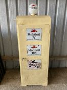 A garage forecourt oil cabinet, with three Mobiloil enamel signs still attached, for 'A', 'BB'