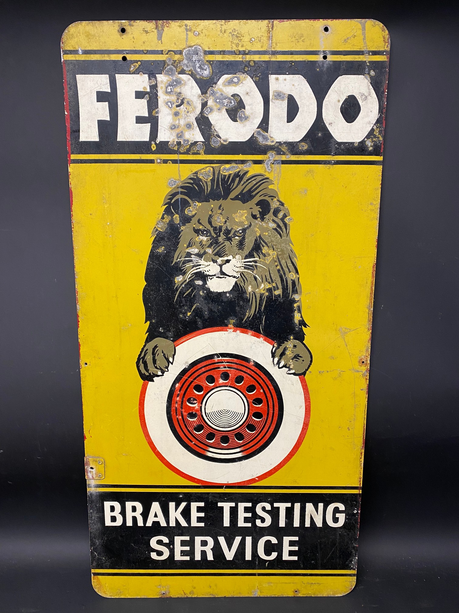 A Ferodo Brake Testing Service double sided tin advertising sign, 18 x 36".