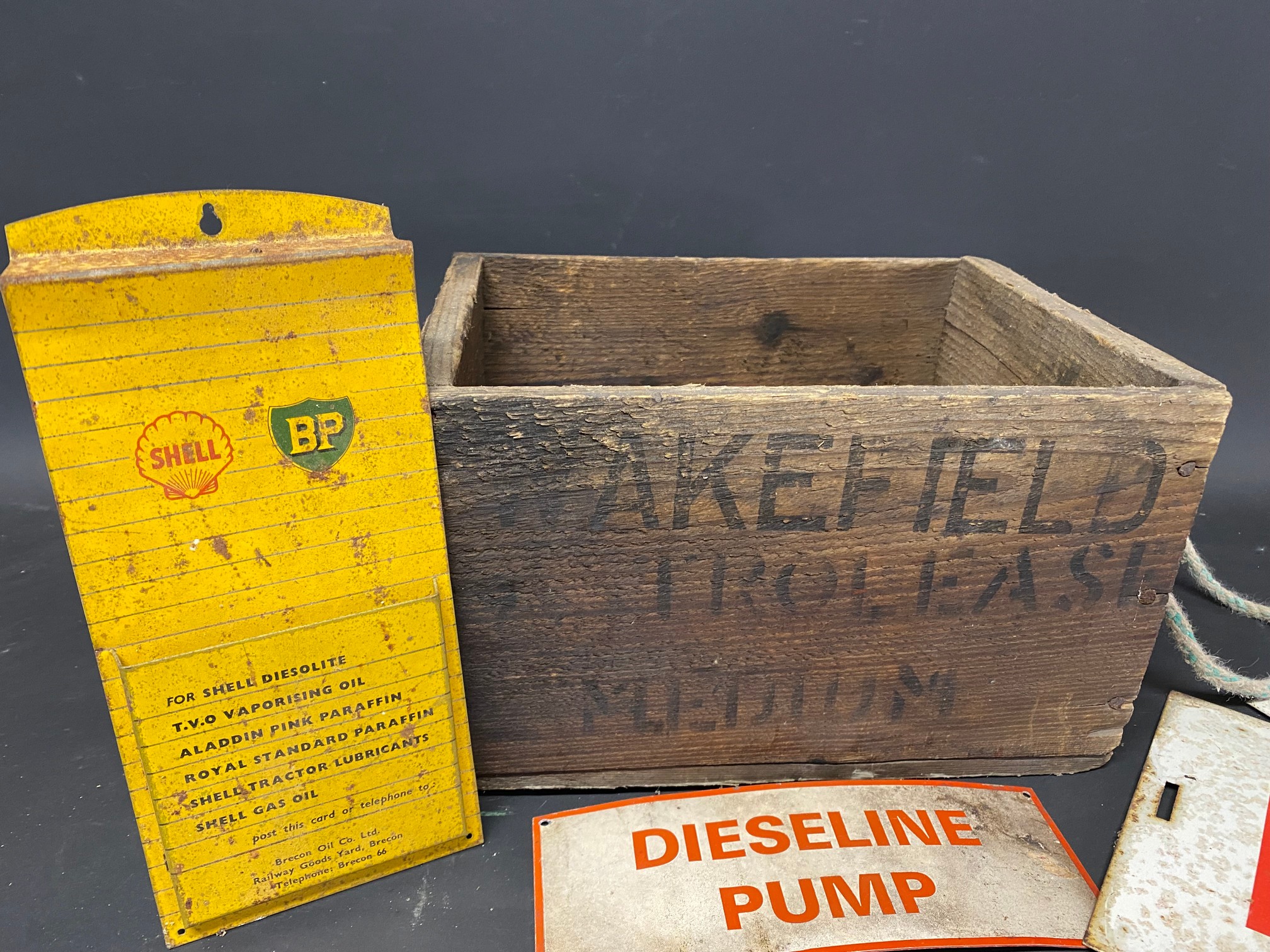 A Wakefield Castrolease wooden packing box, a Shell BP tin wall mounted rack, two metal 'L' plates - Image 2 of 2