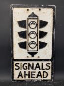 A reproduction aluminum road sign for Signals Ahead, made by Branco, 12 x 21