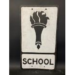 A metal road sign for School, with early torch image, 12 x 21".