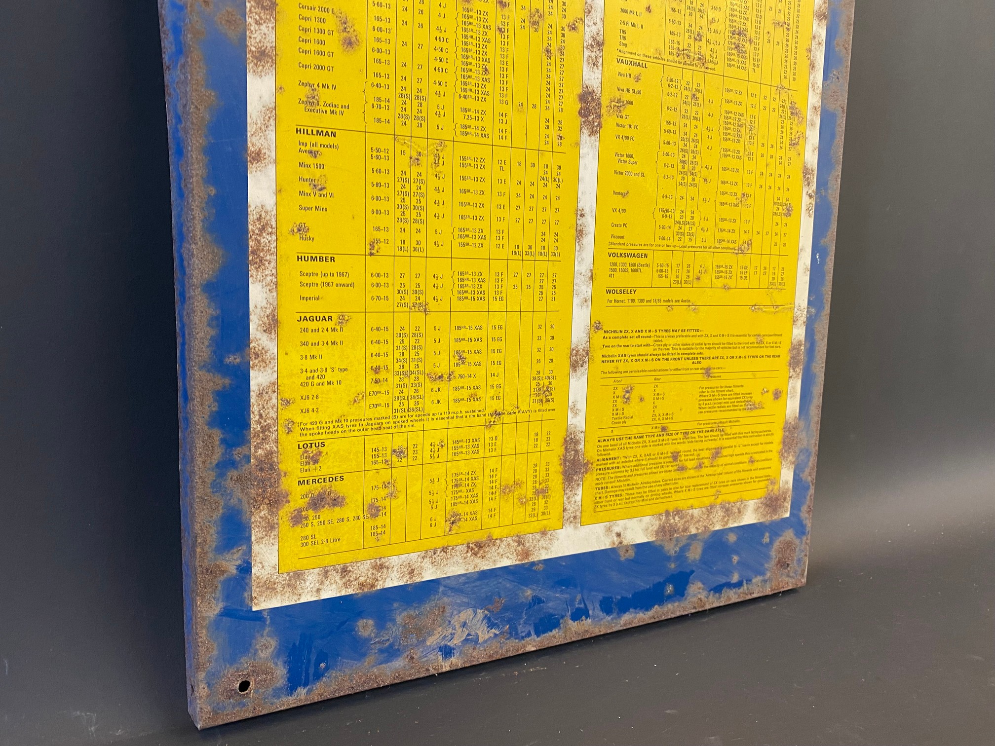 A Michelin Car Tyres tin tyre pressure chart sign, 12 1/4 x 29 1/2". - Image 4 of 5