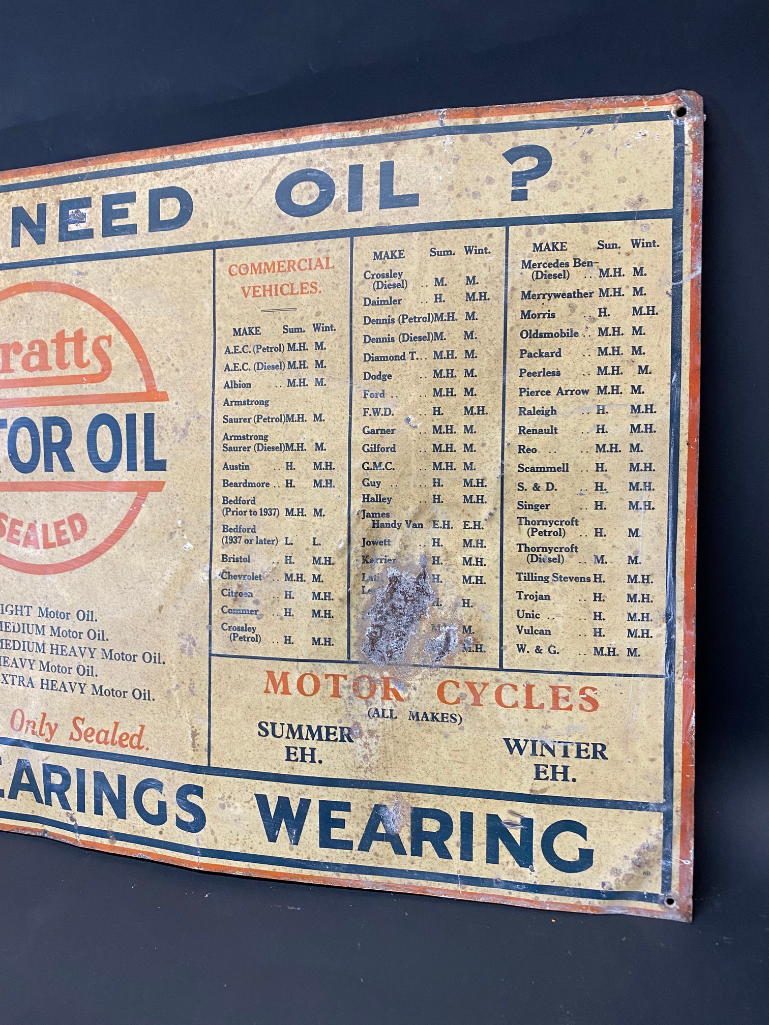 An early Pratts Motor Oil rectangular tin chart sign detailing the various grades suited which - Image 3 of 4