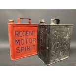 A Regent Motor Spirit two gallon petrol can by Grant and a Shell petrol can.