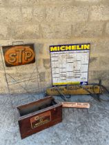 An STP garage forecourt rack, a Romac fan belt dispensing rack, an Oldham batteries box, a