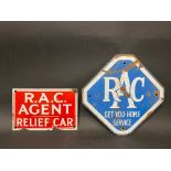 An RAC Agent Relief Car enamel sign, 8 1/2 x 5 1/2" plus an RAC Get-You-Home Service lozenge