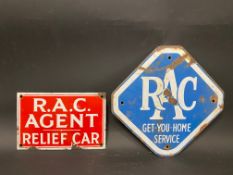 An RAC Agent Relief Car enamel sign, 8 1/2 x 5 1/2