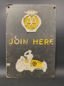 An early AA 'Join Here' embossed showcard, with image of a motorcycle and sidecar 9 1/2 x 14".
