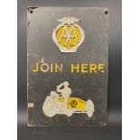 An early AA 'Join Here' embossed showcard, with image of a motorcycle and sidecar 9 1/2 x 14".