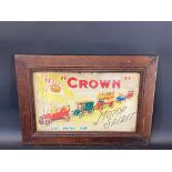 A framed and glazed showcard advertising Crown Motor Spirit, believed to be an older reproduction,