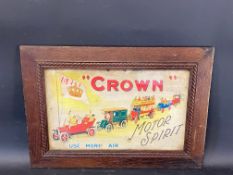 A framed and glazed showcard advertising Crown Motor Spirit, believed to be an older reproduction,