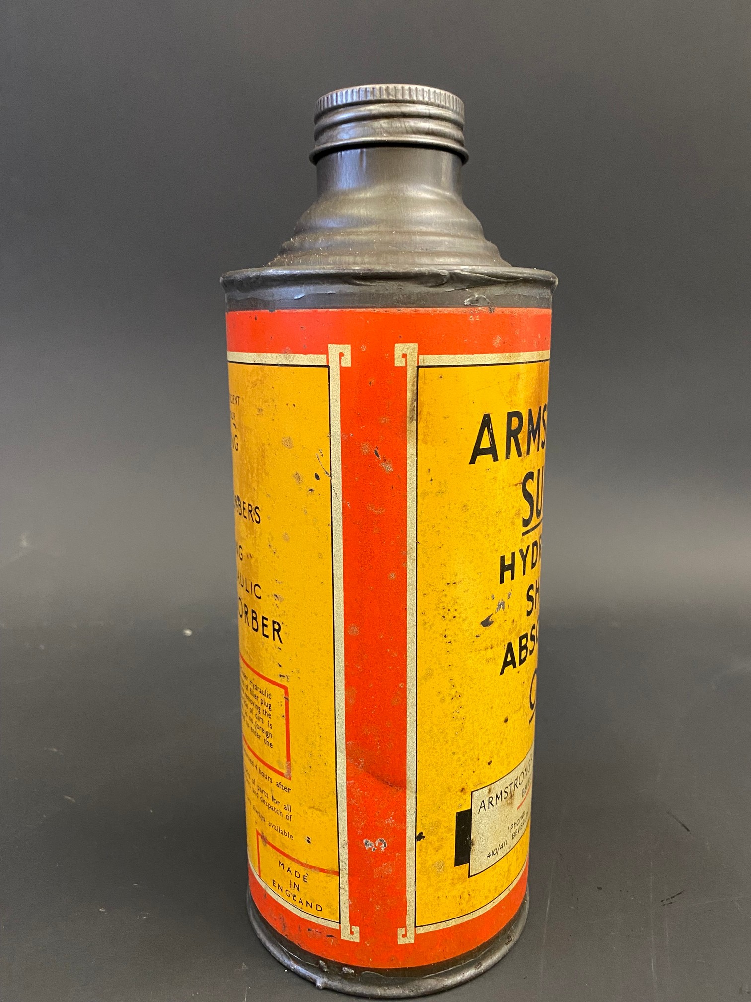 A rare Armstrong Super Hydraulic Shock Absorber Oil cylindrical quart can. - Image 4 of 6