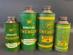 Two BP Energol cylindrical quart cans and two pint cans.