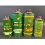 Two BP Energol cylindrical quart cans and two pint cans.