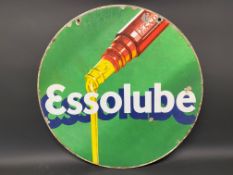An Essolube circular double sided enamel sign with image of oil pouring from a bottle, 26"