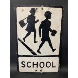 A metal road sign warning of a School, 14 x 21".