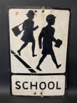 A metal road sign warning of a School, 14 x 21".