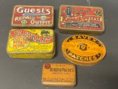 Five small rare brand puncture repair outfit tins including Guest's, The Elephant Chemical Co. Cycle