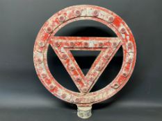 A post mounted circular warning sign with integral red glass reflective discs, 24 x 27 1/2