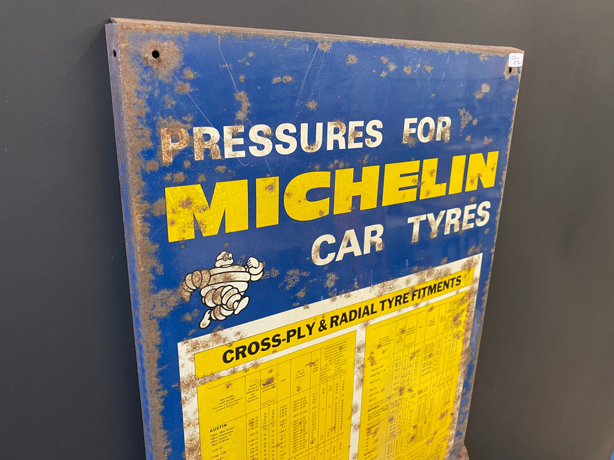 A Michelin Car Tyres tin tyre pressure chart sign, 12 1/4 x 29 1/2". - Image 3 of 5