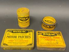 A Romac Motor Patches tin in good condition, plus three further Romac tins.