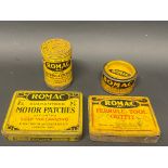 A Romac Motor Patches tin in good condition, plus three further Romac tins.