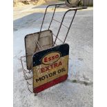 An Esso Extra garage forecourt oil bottle trolley, with an aluminium advertising sign to each side.