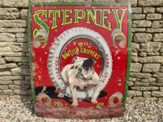 A rare large version Stepney Tyres pictorial enamel sign, with bulldog image to the centre, made