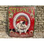 A rare large version Stepney Tyres pictorial enamel sign, with bulldog image to the centre, made